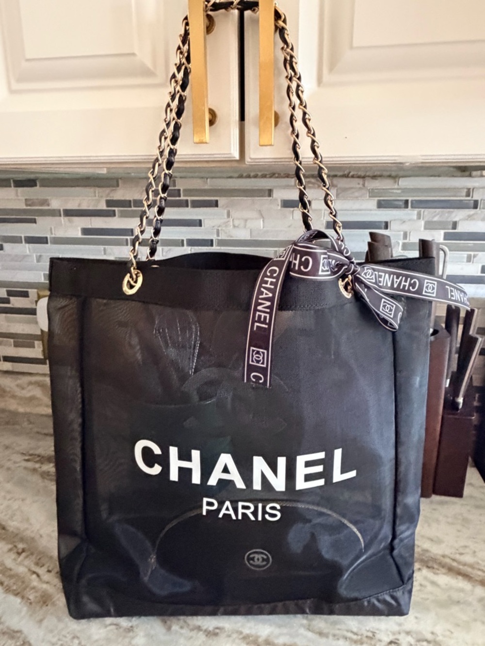 BRAND NEW Chanel Beaute Black Mesh Bag w Gold Chain & Matching Mesh Pouch - Picture 14 of 16